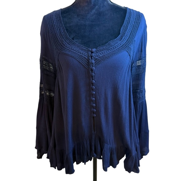 Altar'd State Blue Ruffled Boho 3/4 Sleeve Blouse - Picture 1 of 8